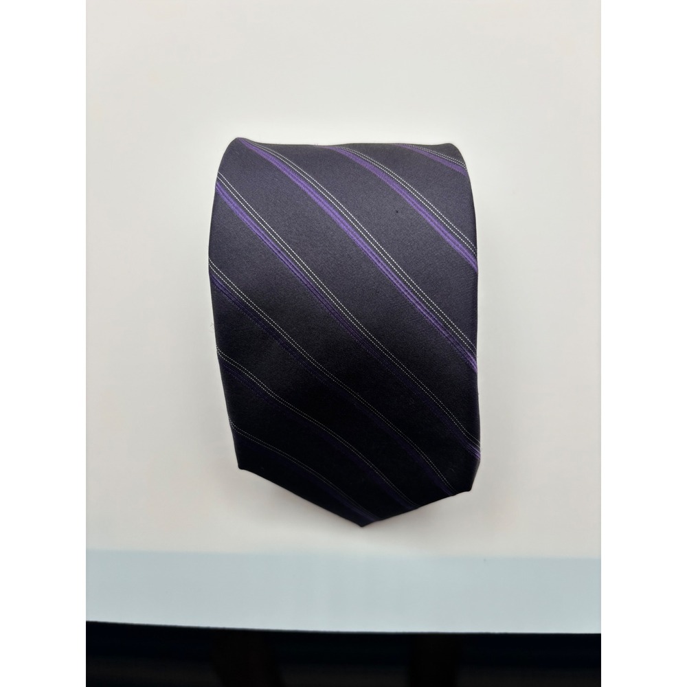 Calvin Klein Mens Silk Necktie Purple Silver Diagonal Striped Charcoal Grey Tie